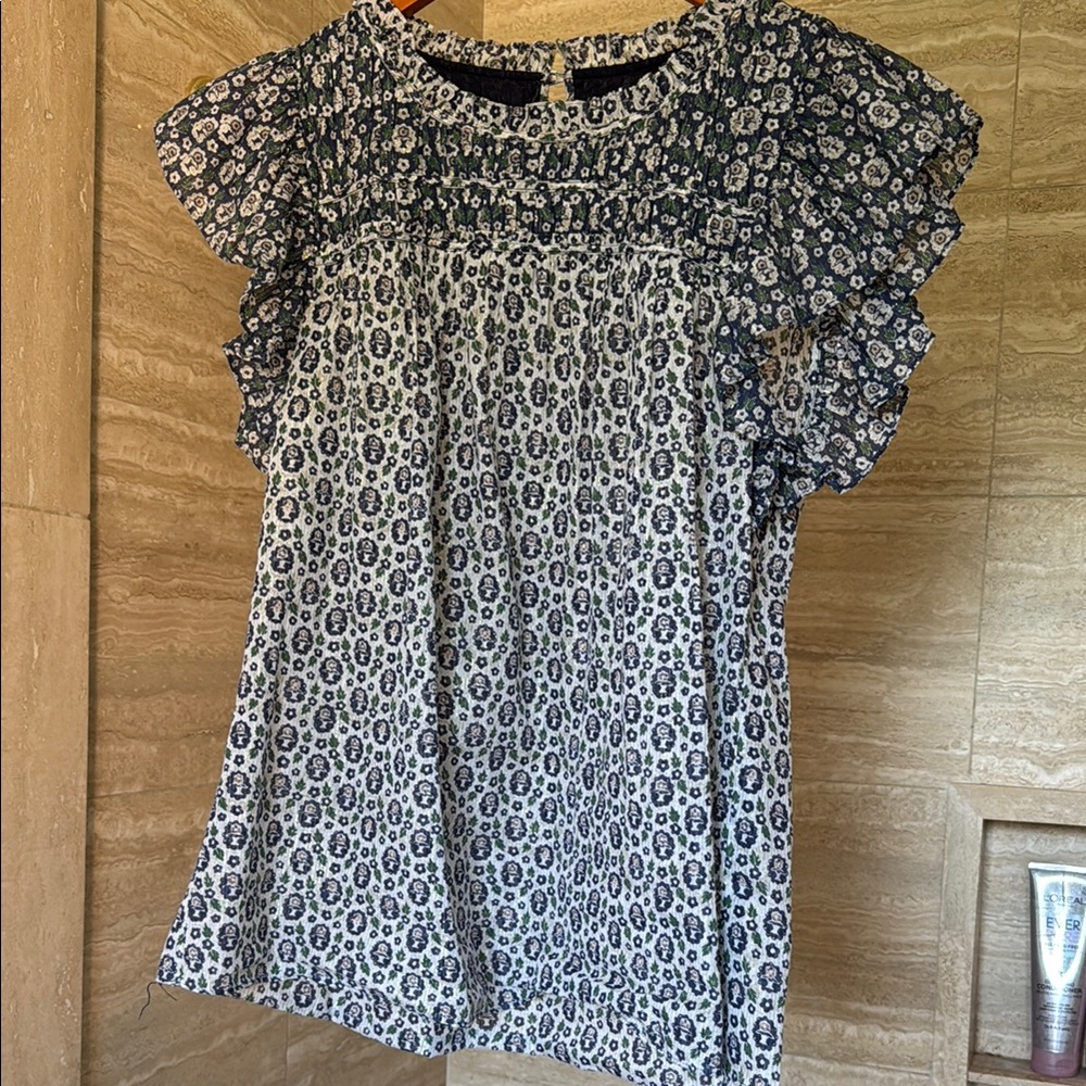 Rebecca Taylor- Floral Ruffle Sleeve Top -navy, green, white with gold thread.